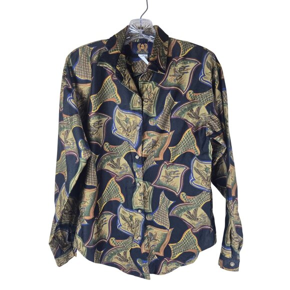 Vintage 90s Duck Print Button Down Blouse | Baroque Preppy | Size 6 - Picture 1 of 9